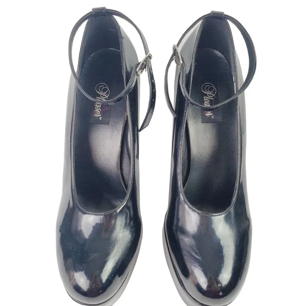 Pleaser Black Patent Leather Platform Mary Jane 5” Block Heels Sz 9